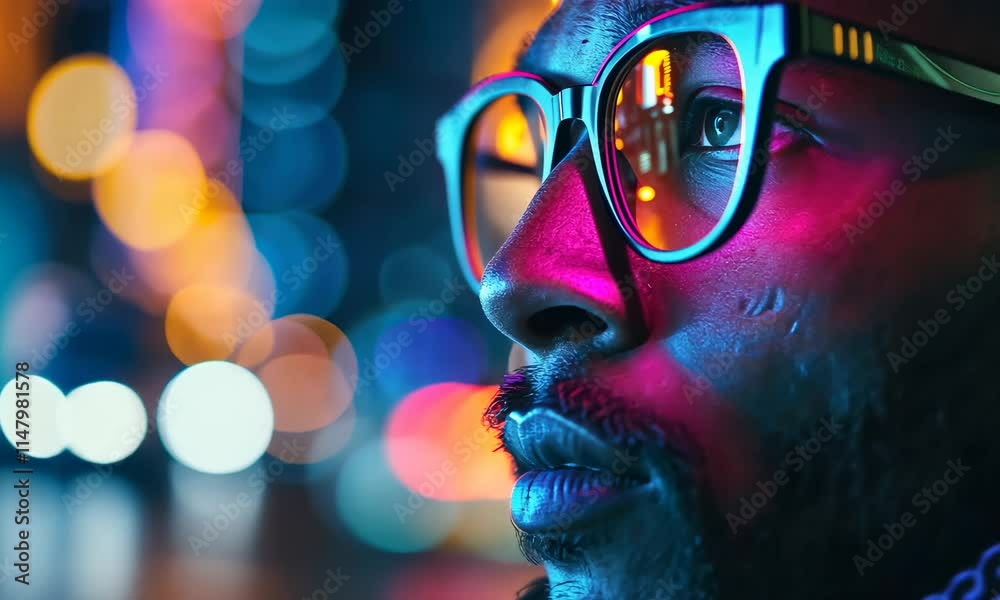 Close-up of man with glasses lit by colorful neon lights at night Close-up of man with glasses lit by colorful neon lights at night