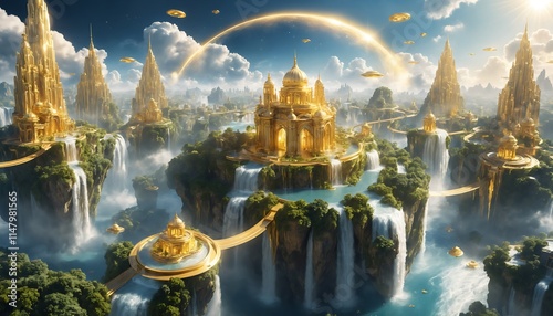 Golden Floating City in a Paradise Falls Paradise, Generative AI