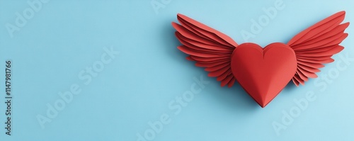 heart, wings, love, creativity, concept, design, minimalism, decoration, illustration, paper art, valentine s day, romance, blue background, red heart, angelic, emotional, graphic design, modern photo