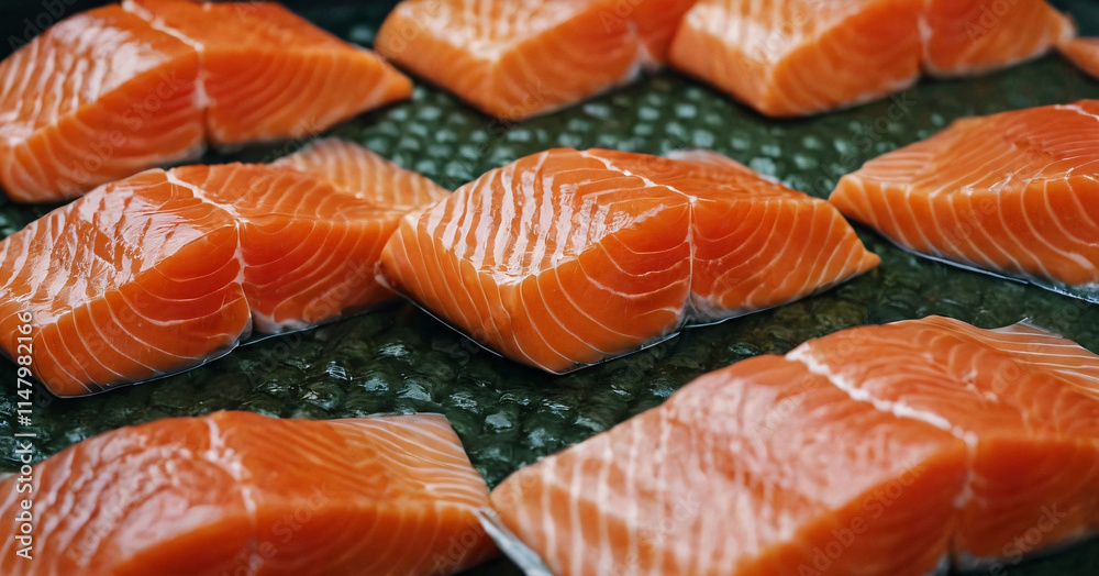 Photo of Many pieces of raw salmon fish for sell in the supermarket Photo of Many pieces of raw salmon fish for sell in the supermarket