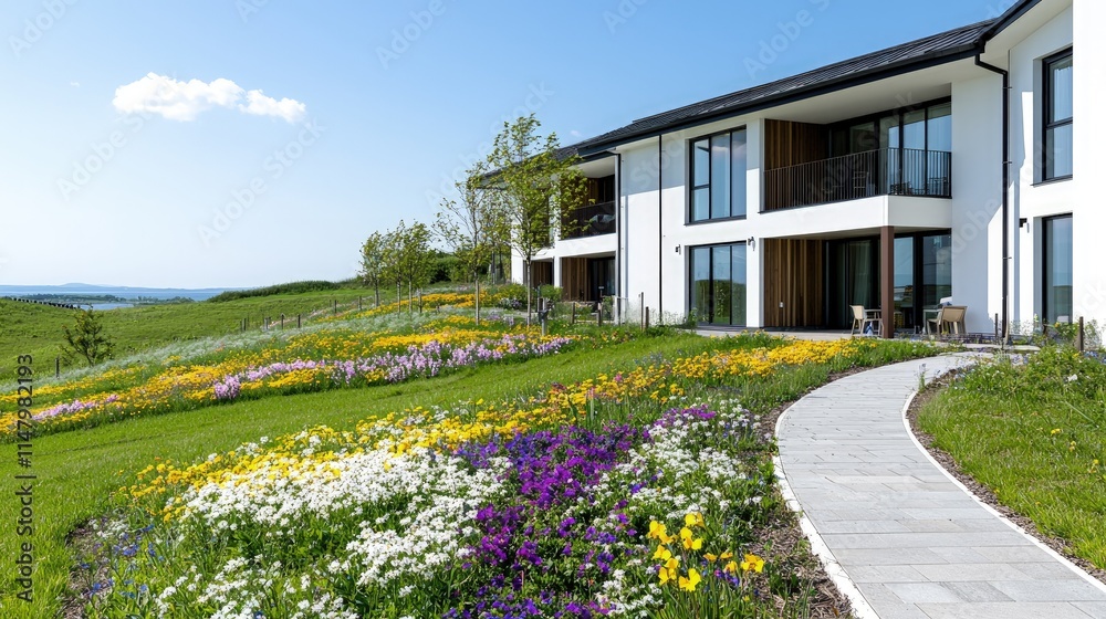 Fototapeta premium Modern white residential apartment building with balconies next to a landscaped garden with colorful flowers and a paved walkway under a clear blue sky.