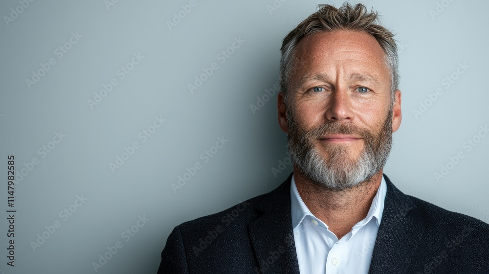 Portrait of a confident middle-aged man with graying hair and beard, wearing a suit. Portrait of a confident middle-aged man with graying hair and beard, wearing a suit.