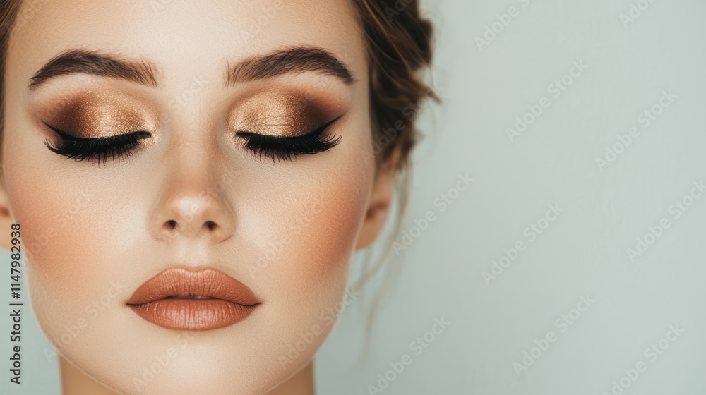 Fototapeta premium Stunning Portrait of a Woman with Dramatic Makeup Featuring Perfectly Sculpted Eyes and Lips