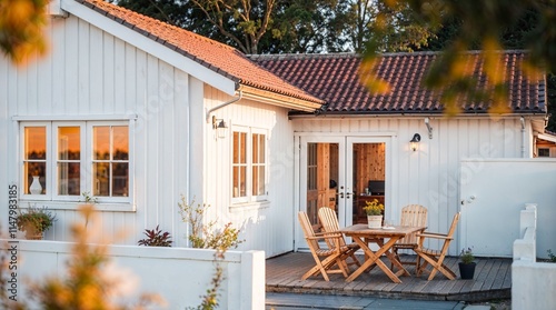 wide angle. One-story Scandinavian house, white exterior, wooden accents. Warm, golden-hour light, soft pastel tones, blurred bokeh.