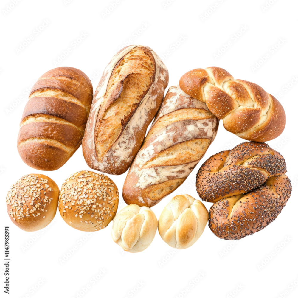 A variety of freshly baked bread loaves, rolls, and bagels showcasing different shapes and textures, white background, transparent background. A variety of freshly baked bread loaves, rolls, and bagels showcasing different shapes and textures, white background, transparent background.