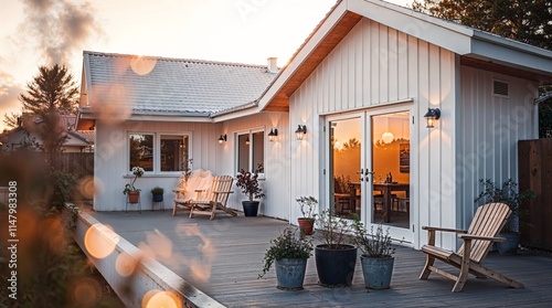 wide angle. One-story Scandinavian house, white exterior, wooden accents. Warm, golden-hour light, soft pastel tones, blurred bokeh.