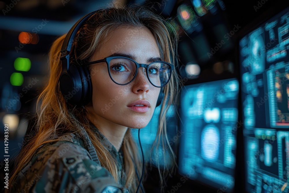 Focused Woman in Military Uniform Working at a High-Tech Data Center Focused Woman in Military Uniform Working at a High-Tech Data Center