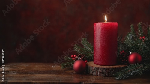 Festive Red Candle Christmas Decorations Wood Background