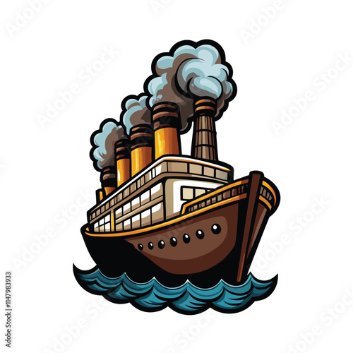 Create a detailed vector illustration of a ship's smokestack, emphasizing texture and realistic details. Include rust, rivets, and potential wear.