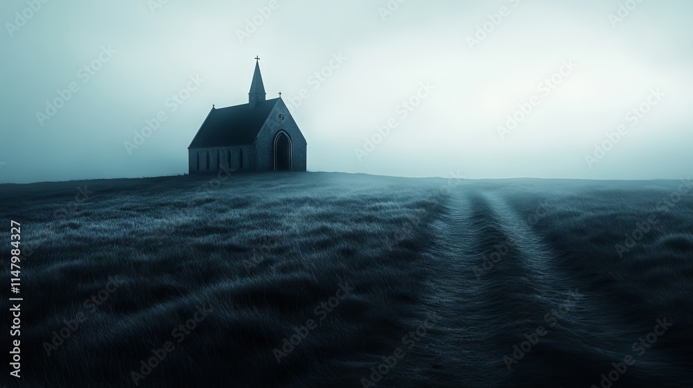 A church is in the middle of a field with foggy weather. The church is surrounded by a grassy field and there is a path leading to it. The scene is quiet and peaceful A church is in the middle of a field with foggy weather. The church is surrounded by a grassy field and there is a path leading to it. The scene is quiet and peaceful