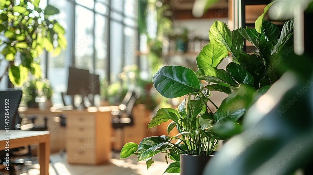 Green plants enhance the lively atmosphere of a modern office space. Green plants enhance the lively atmosphere of a modern office space.
