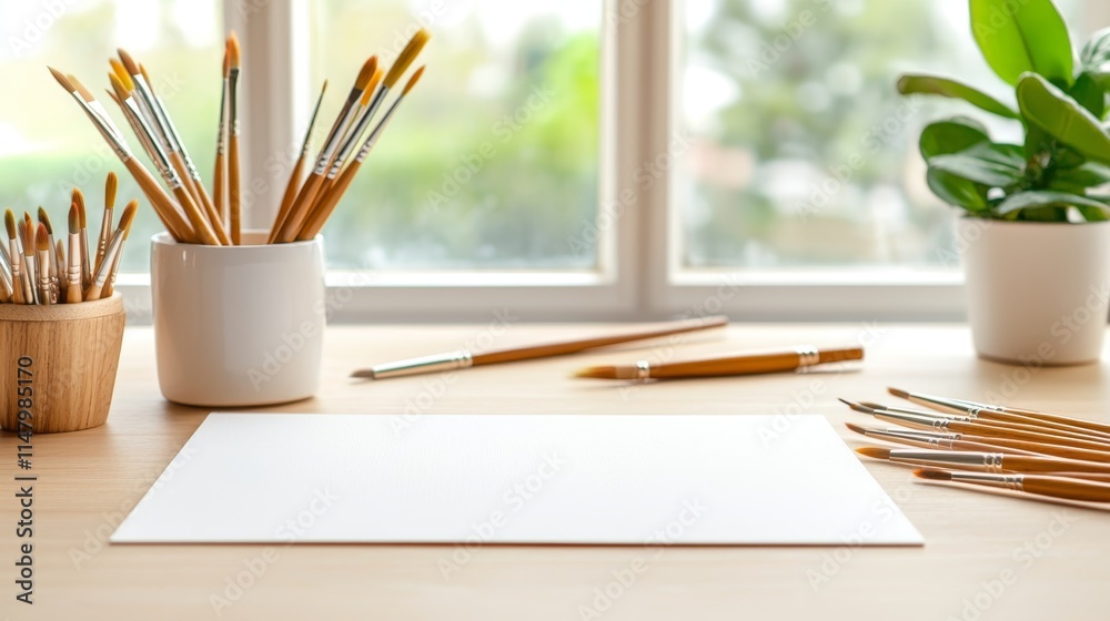 Minimalist Art Studio with Brushes and Blank Canvas Surrounded by Natural Light and Greenery Minimalist Art Studio with Brushes and Blank Canvas Surrounded by Natural Light and Greenery