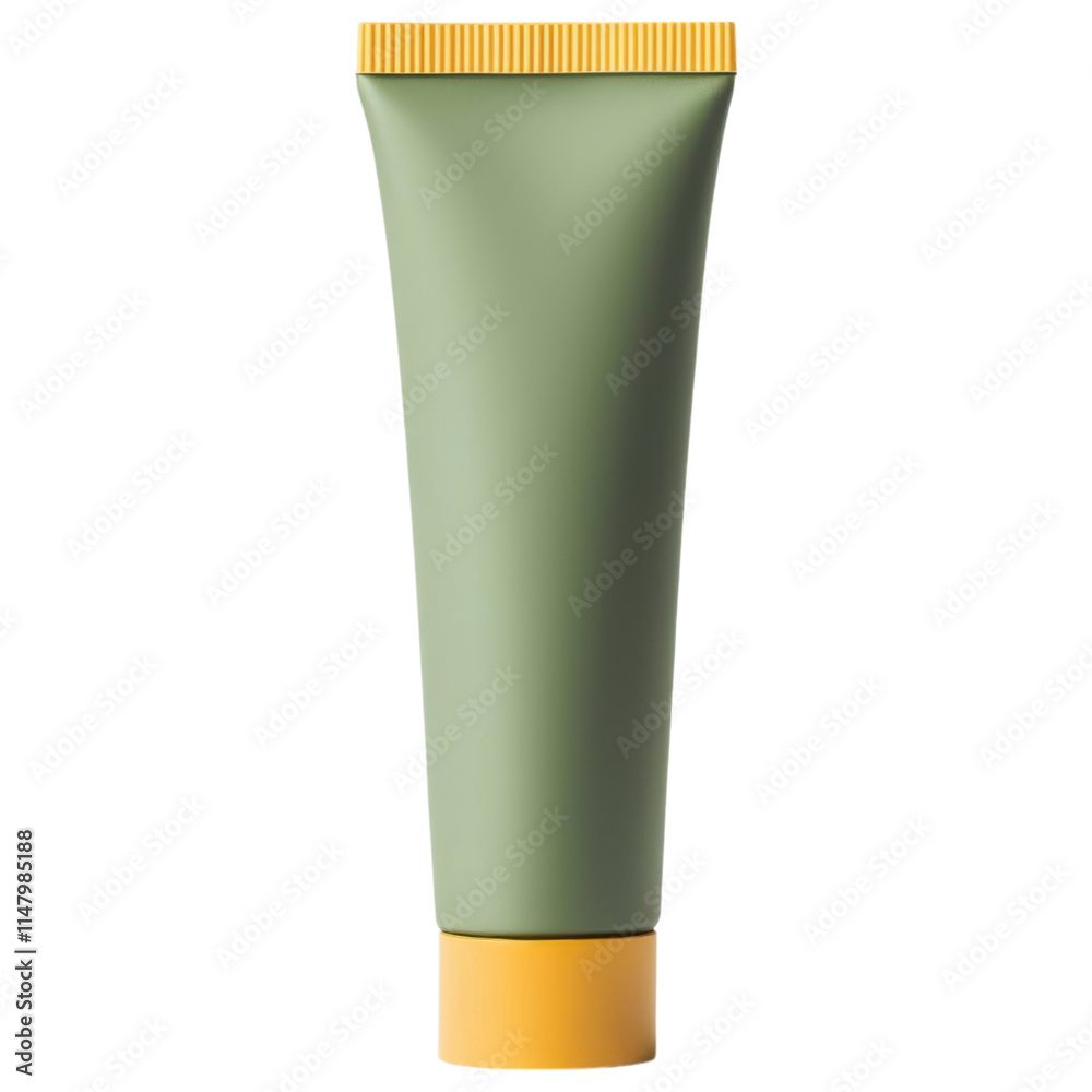 A green tube with a yellow cap, designed for skincare or cosmetic products, featuring a smooth surface and a modern aesthetic, white background, transparent background. A green tube with a yellow cap, designed for skincare or cosmetic products, featuring a smooth surface and a modern aesthetic, white background, transparent background.