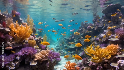 Underwater World: Describe an underwater landscape in which schools of neon orange, yellow, and turquoise fish move past dazzling coral reefs in purple, pink, and deep green, with shafts of sunlight s photo