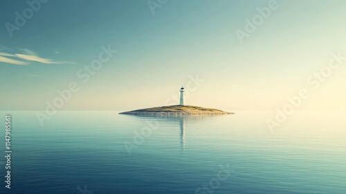 Lone Lighthouse Stands on a Small Island in Calm Ocean