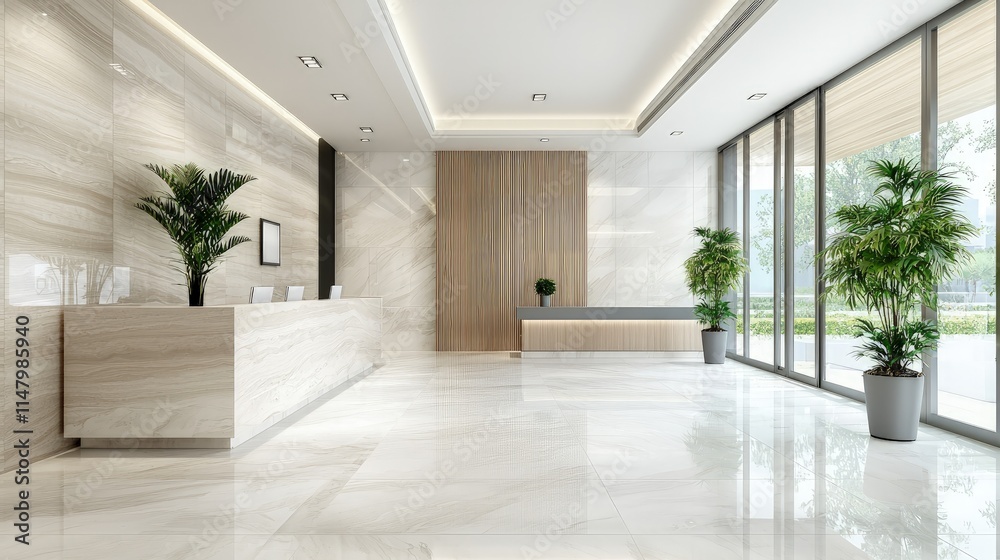 Modern lobby with marble floors, wooden wall, and large windows. Modern lobby with marble floors, wooden wall, and large windows.