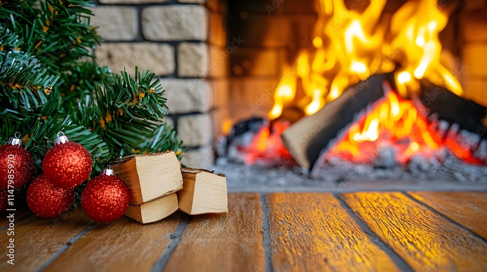 Cozy Christmas Scene with Fireplace, Ornaments, and Gift Boxes Cozy Christmas Scene with Fireplace, Ornaments, and Gift Boxes