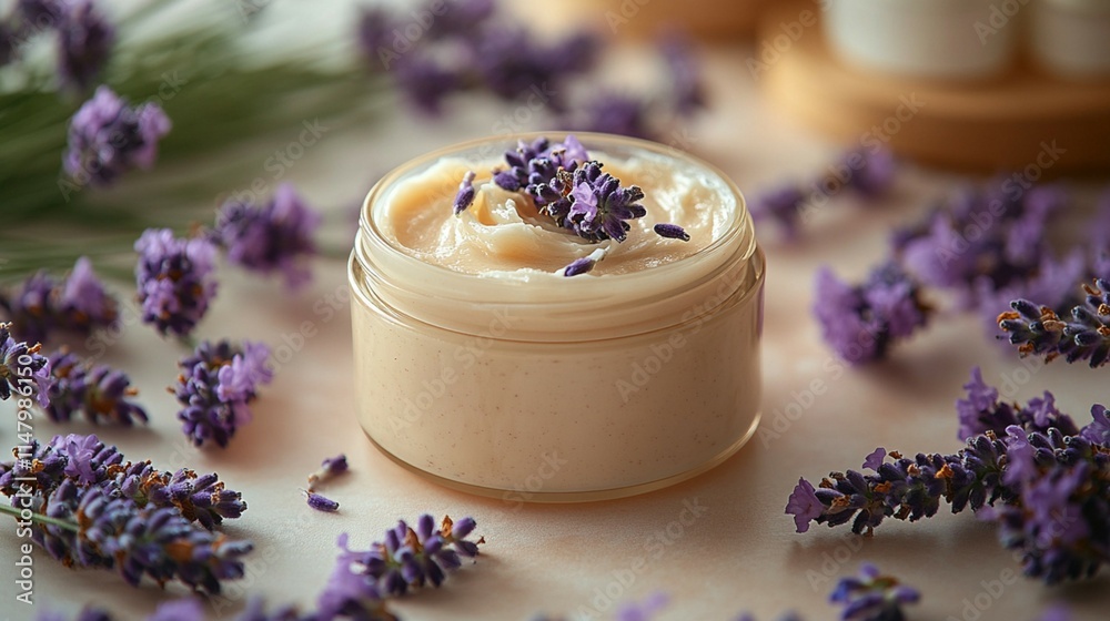 Facial Cream with Lavender on Solid Background Facial Cream with Lavender on Solid Background