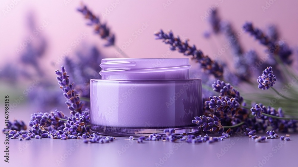 Facial Cream with Lavender on Solid Background Facial Cream with Lavender on Solid Background