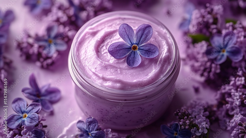 Facial Cream with Lavender on Solid Background Facial Cream with Lavender on Solid Background