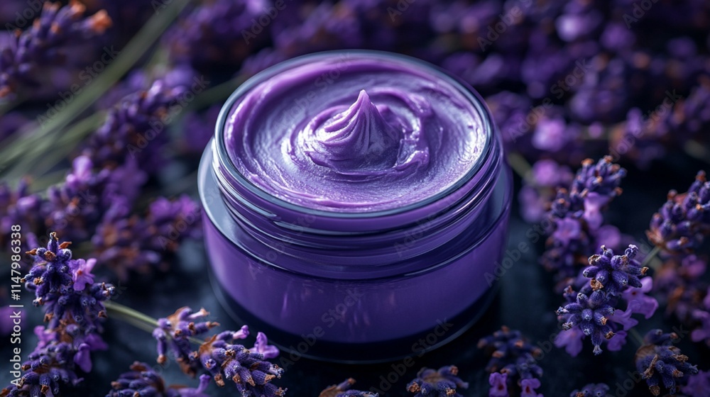Facial Cream with Lavender on Solid Background Facial Cream with Lavender on Solid Background