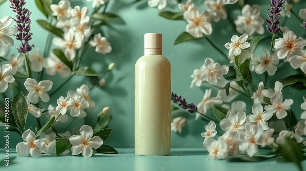 Body lotion in a bottle on a solid background with flowers.