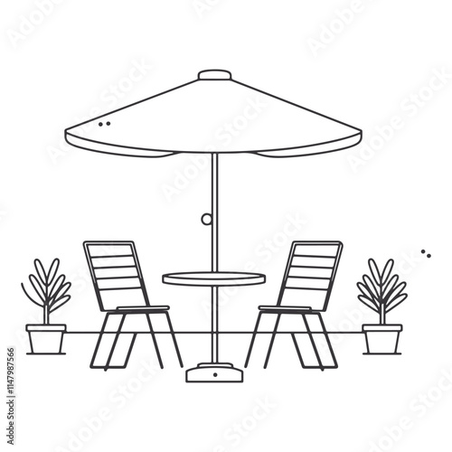 cafe with chairs and table under an umbrella line art vector illustration