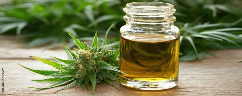 Hemp cannabis leaves and CBD oil in bottle and glassware Hemp cannabis leaves and CBD oil in bottle and glassware