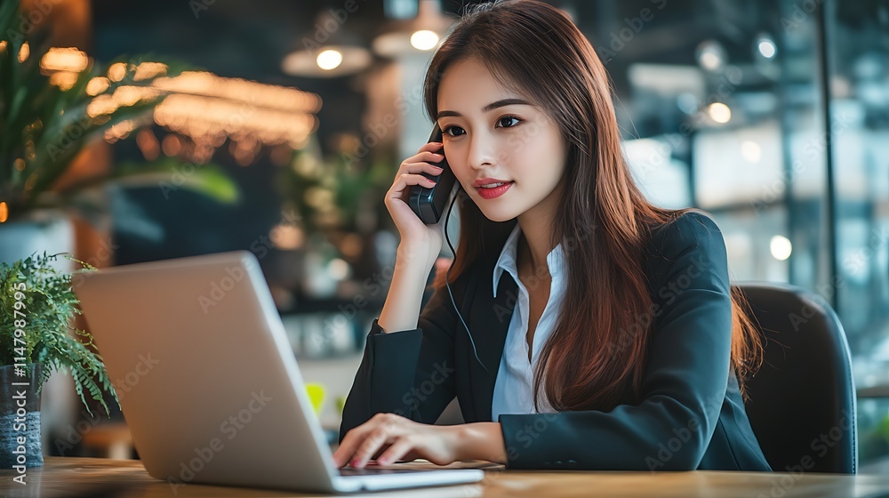 Elegant Businesswoman Making a Phone Call While Working on Laptop in a Modern Cafe Elegant Businesswoman Making a Phone Call While Working on Laptop in a Modern Cafe
