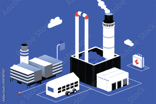 Detailed illustration of a waste-to-energy recycling plant showcasing the incineration and energy recovery process, emphasizing technological aspects and environmental impact.