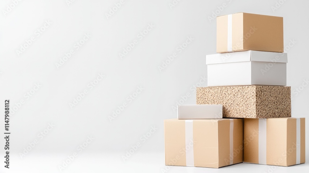 Obraz premium Stack of various cardboard boxes on white background.