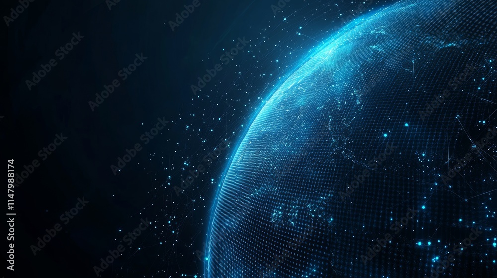 Obraz premium Digital Representation of Earth Showcasing a Glowing Globe With Connected Dots and Network Patterns Against a Dark Background in a Futuristic Style