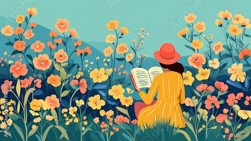 Woman reading in vibrant floral garden under clear blue sky