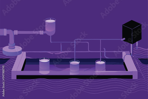 Illustrate a detailed diagram of a water purification system, showcasing all stages from intake to clean water output. Include filtration, sedimentation, disinfection, and UV sterilization processes.