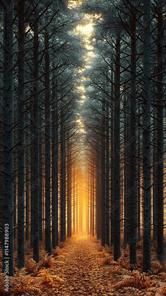 Naklejka premium A serene forest path illuminated by golden light. Tall trees frame the scene, with autumn leaves carpeting the ground, creating a tranquil and inviting atmosphere.