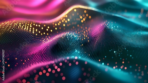 Abstract background with futuristic holographic effects, merging shades of magenta, teal and gold over a smooth surface