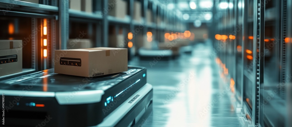 Automated guided vehicle (AGV) with package in a warehouse. Automated guided vehicle (AGV) with package in a warehouse.
