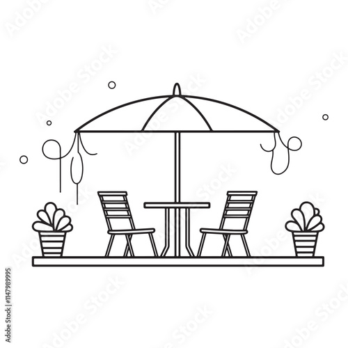 cafe with chairs and table under an umbrella line art vector illustration