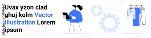 Professional woman holding a tablet, examining an array of clothes on a rack. Gears symbolizing collaboration. Ideal for business, fashion, analysis, teamwork, technology, planning eCommerce