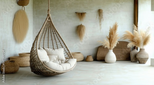 Hanging chair with pillows in a room photo