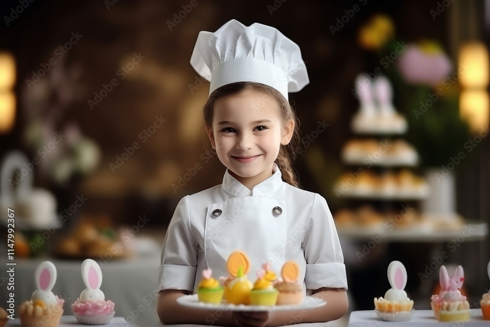 Little cute girl in chef hat with easter eggs and cakes at table Little cute girl in chef hat with easter eggs and cakes at table