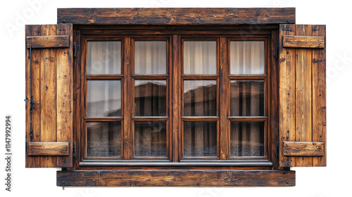 A rustic wooden window frame with open shutters, showcasing simplicity and charm.