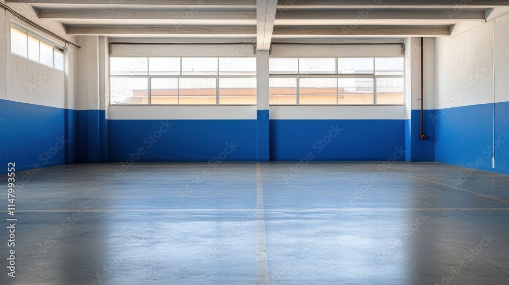 A spacious industrial interior featuring blue and white walls, large windows, and a polished concrete floor, ideal for various uses like storage or workspace. A spacious industrial interior featuring blue and white walls, large windows, and a polished concrete floor, ideal for various uses like storage or workspace.