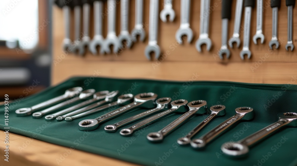 A neatly arranged set of silver wrenches on a green cloth, with additional wrenches hanging in the background, showcasing a well-organized tool display.