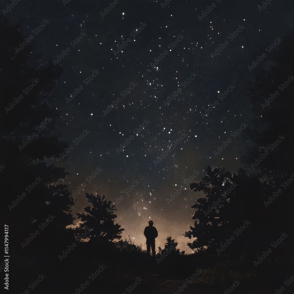 silhouette of a person in the forest and stargazing silhouette of a person in the forest and stargazing