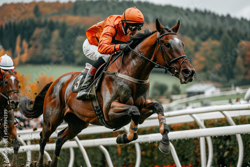 Horse racing with a jockey on the hippodrome, equestrian sport jumping over the uneven bars.