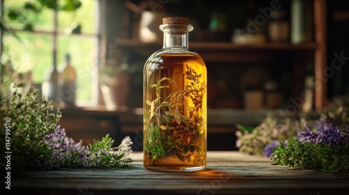 Herbal Infusion Botanical Remedy in Glass Bottle, Rustic Setting