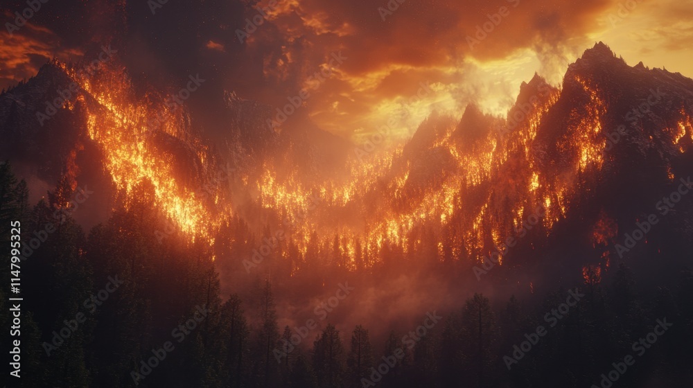 A dramatic shot of a wildfire consuming a forest, symbolizing the devastating impact of climate change. A dramatic shot of a wildfire consuming a forest, symbolizing the devastating impact of climate change.