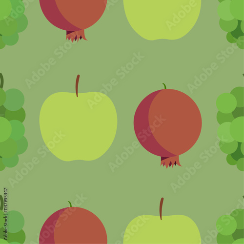 Seamless pattern with grape, pomegranate and apple fruits vector illustration background