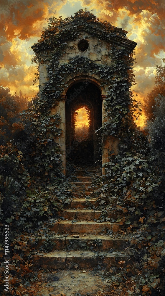 Fototapeta premium A mystical path leads through an ancient stone archway, enveloped in vibrant greenery and illuminated by a golden sunset, evoking a sense of mystery and enchantment.